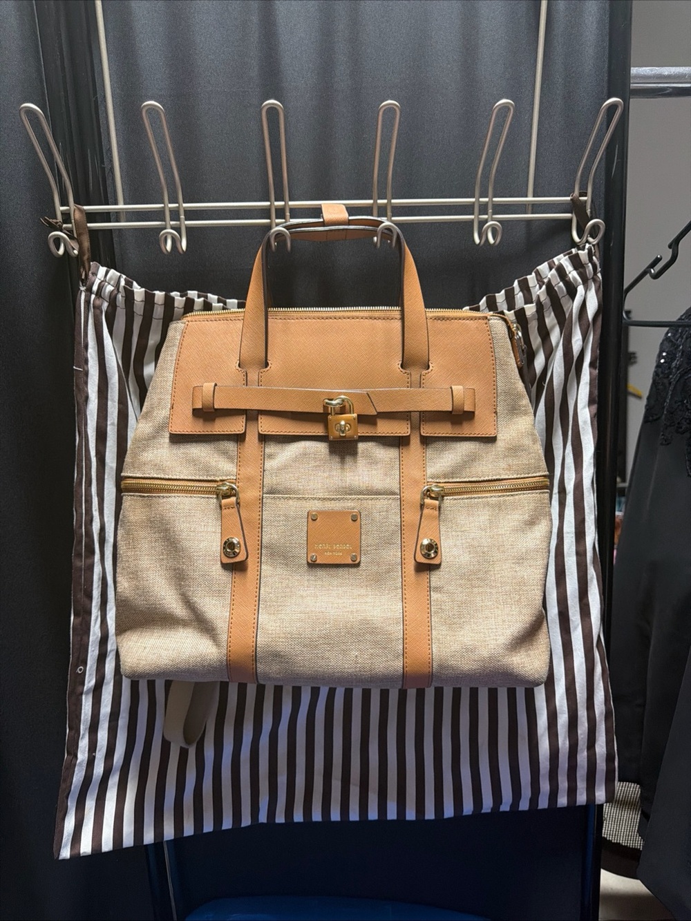 henri bendel Tan Canvas and Leather Laptop Tote